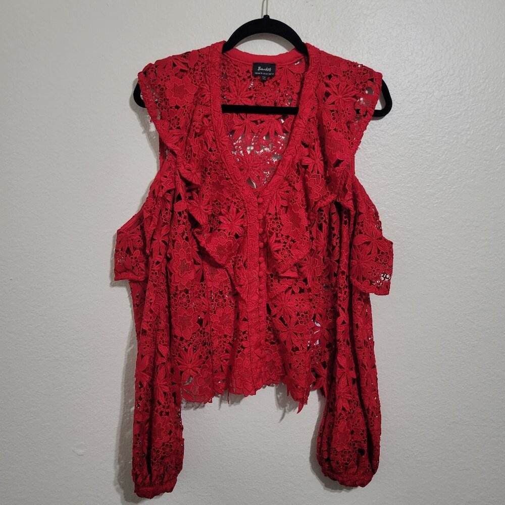 Bardot Red Lace Cold-Shoulder Ruffled Blouse - Picture 4 of 13